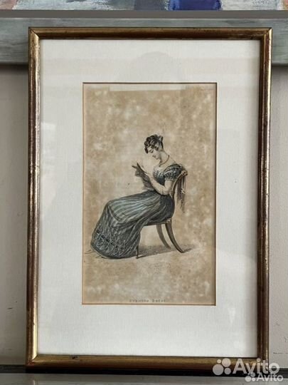 19 век литогравюра старинная в раме дерево 24х33.8
