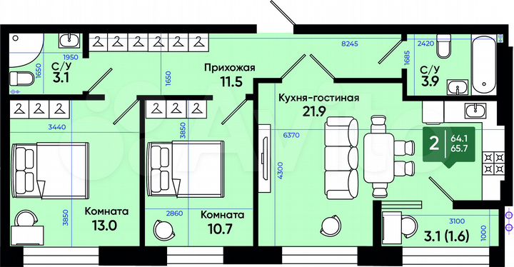 2-к. квартира, 65,7 м², 1/3 эт.