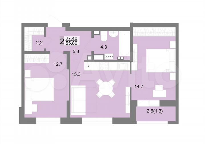 2-к. квартира, 55,6 м², 15/17 эт.
