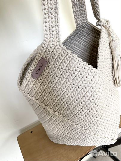 Cумка шопер бежевая, большая вязаная сумка