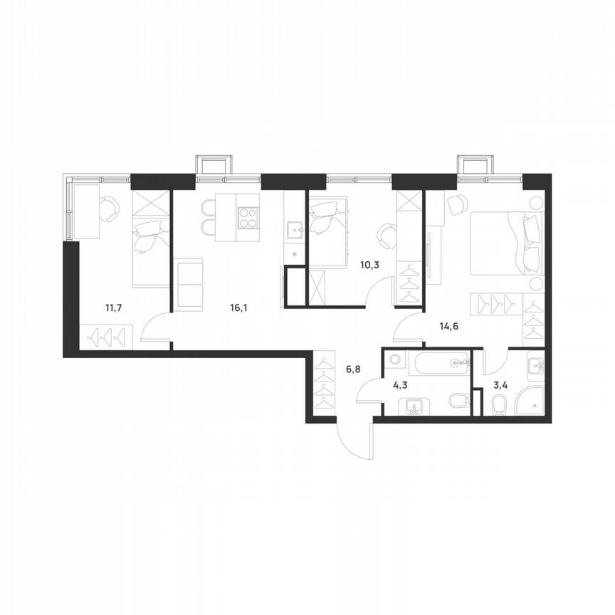 3-к. квартира, 67,2 м², 16/17 эт.