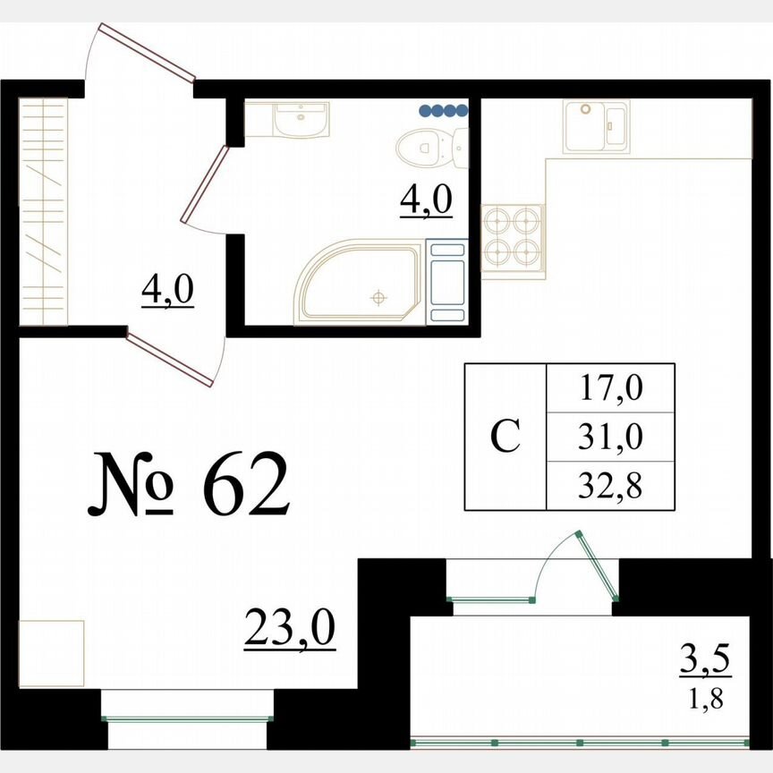Квартира-студия, 32,8 м², 8/8 эт.