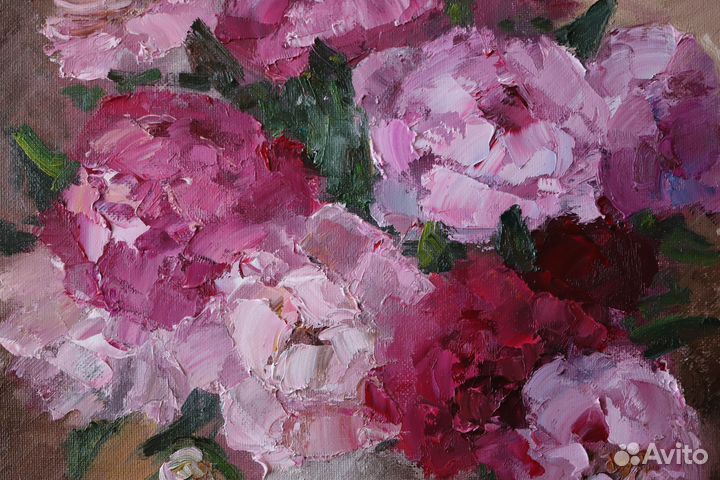 Картина маслом Цветы Пионы 35х40см холст картон