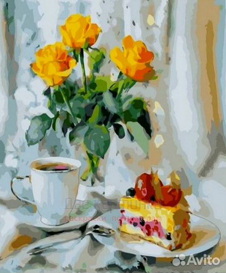 Картина по номерам 40x50 Желтые розы и кусочек тор