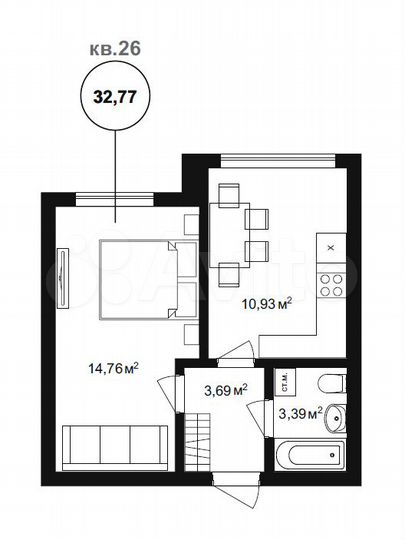 1-к. квартира, 32,8 м², 3/4 эт.