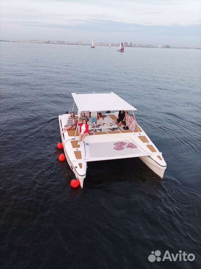 Катер, яхта катамаран с туалетом и каютами