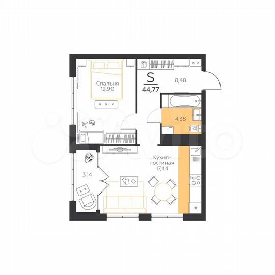 1-к. квартира, 44,8 м², 5/5 эт.