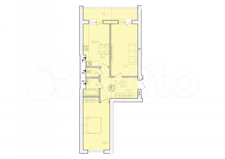 2-к. квартира, 69,4 м², 9/10 эт.