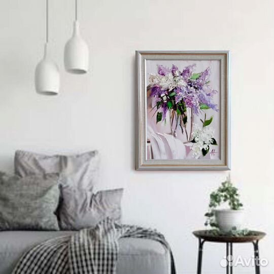Картина холст 38*48 масло сирень букет в вазе