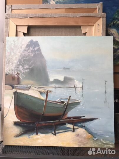 Картина маслом. Берег моря, бухта, Крым