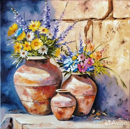 Картина маслом на холсте Цветы в кувшинах