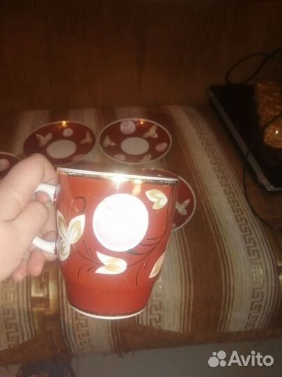 Чашка + 5 блюдец Вербилки коричневые сливы