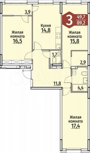 3-к. квартира, 89,2 м², 9/18 эт.