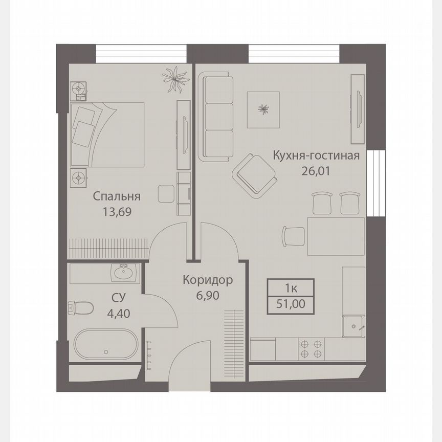 1-к. апартаменты, 51 м², 16/20 эт.