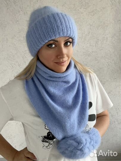 Шапка, бактус и варежки, комплект из ангоры