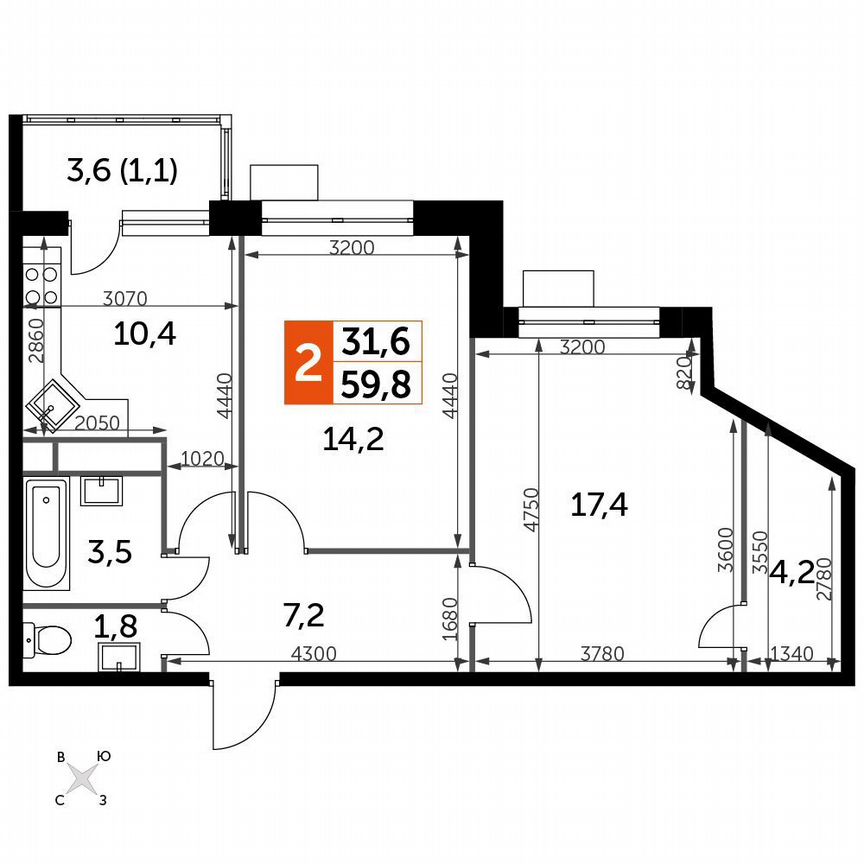 2-к. квартира, 59,8 м², 14/14 эт.