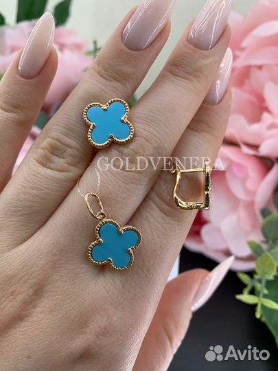 Золотой комплект клевера с бирюзой 585