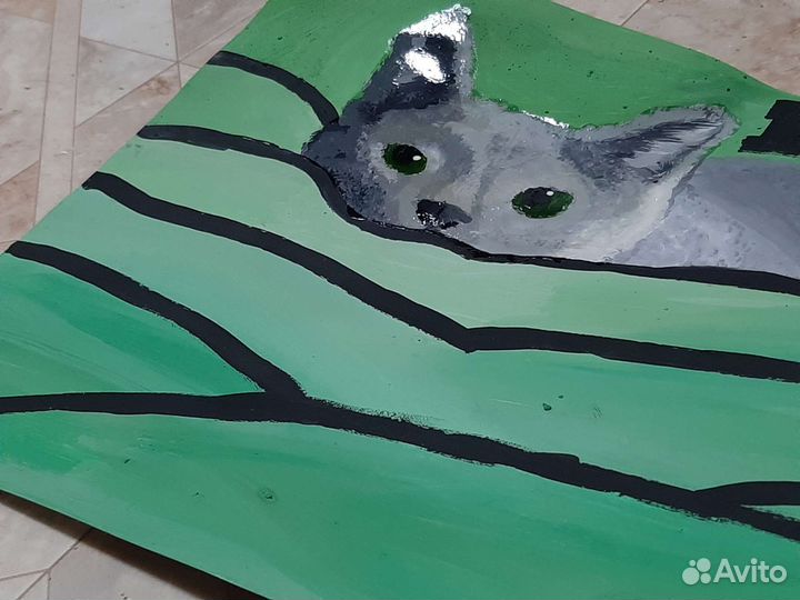 Рисунок кота. Гуаш. Надпись 