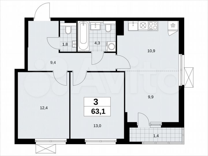 3-к. квартира, 63,1 м², 10/19 эт.