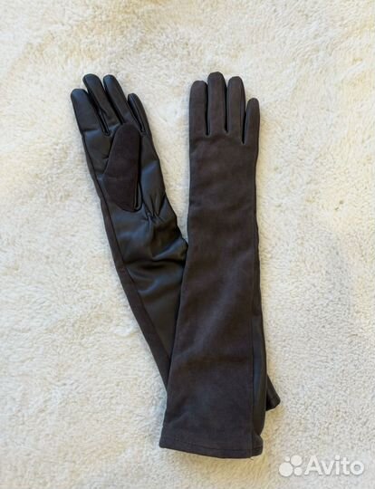 Перчатки длинные кожа/замш (темно коричневые)