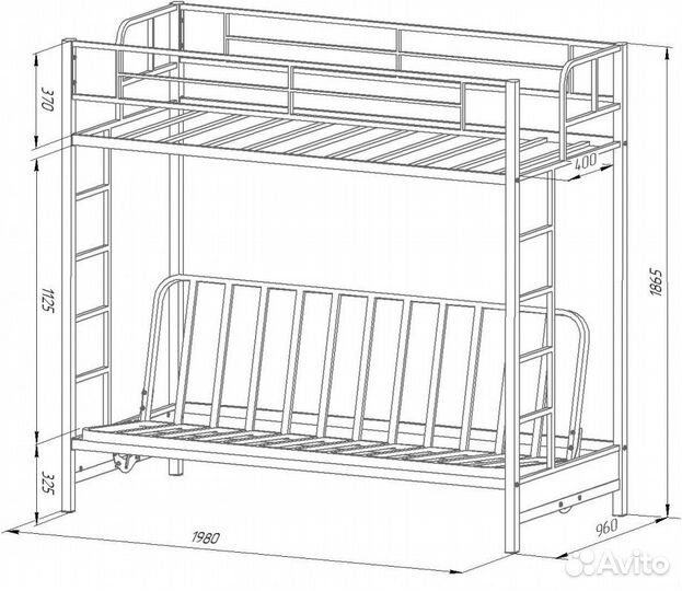 Двухъярусная кровать с диваном металлическая