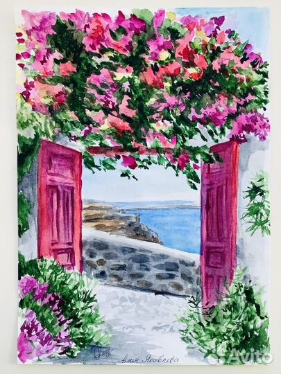 Акварель пейзаж Греция