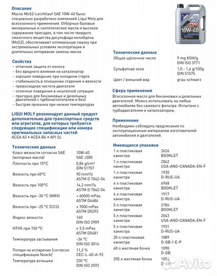 Моторное масло MoS2 Leichtlauf 10W-40