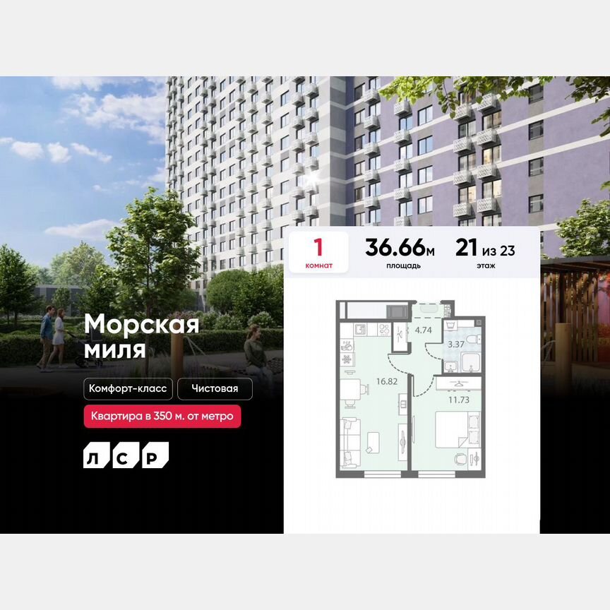 1-к. квартира, 36,7 м², 21/23 эт.
