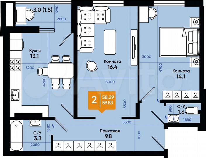 2-к. квартира, 59,8 м², 5/9 эт.