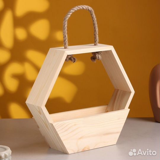 2 шт. Кашпо деревянное, Шестёрка с ручкой 28х24,5х