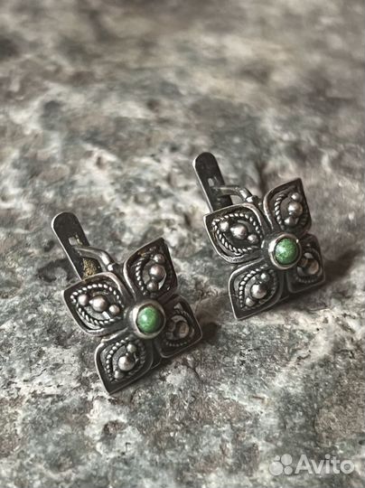 Серебряные серьги, нат зел. Бирюза, винтаж, СССР