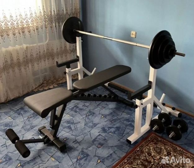 Стойка + Скамья 2в1 + Штанга 73кг + Гантели