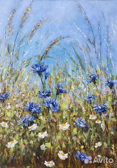 Картина васильки, масло, холст 35*25см