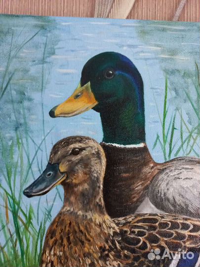 Картина маслом на холсте,Утиная семья