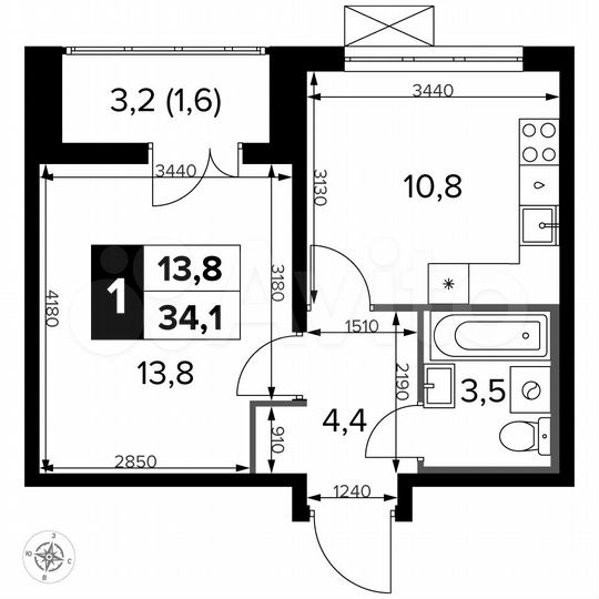 1-к. квартира, 34,1 м², 15/22 эт.