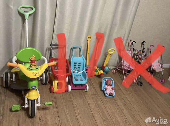 Игрушки велосипед, батут, коляска для кукол