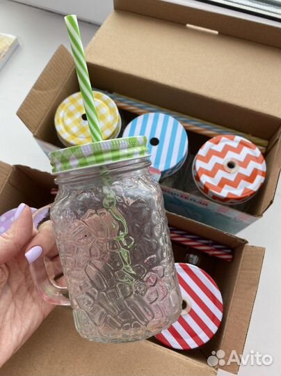 Посуда кружка банка для коктейля с трубочкой