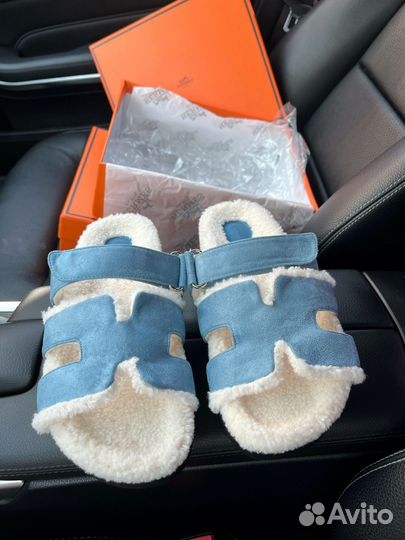 Шлепки Тапочки Hermes меховые