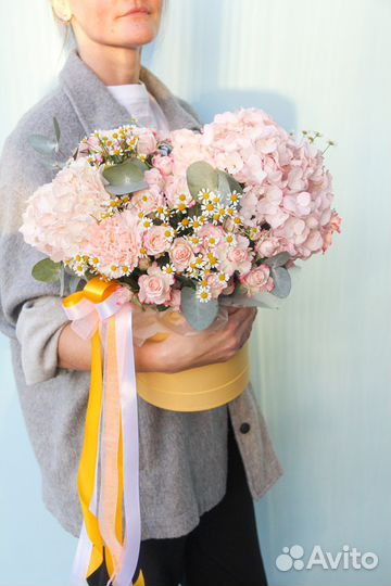 Шляпная коробка с гортензиями и ромашками