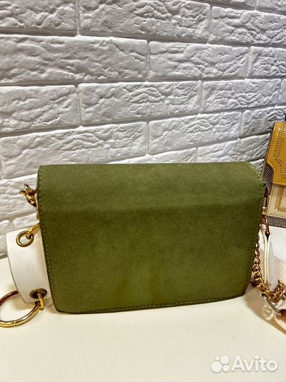 Сумка женская зеленая замша, белая кожа