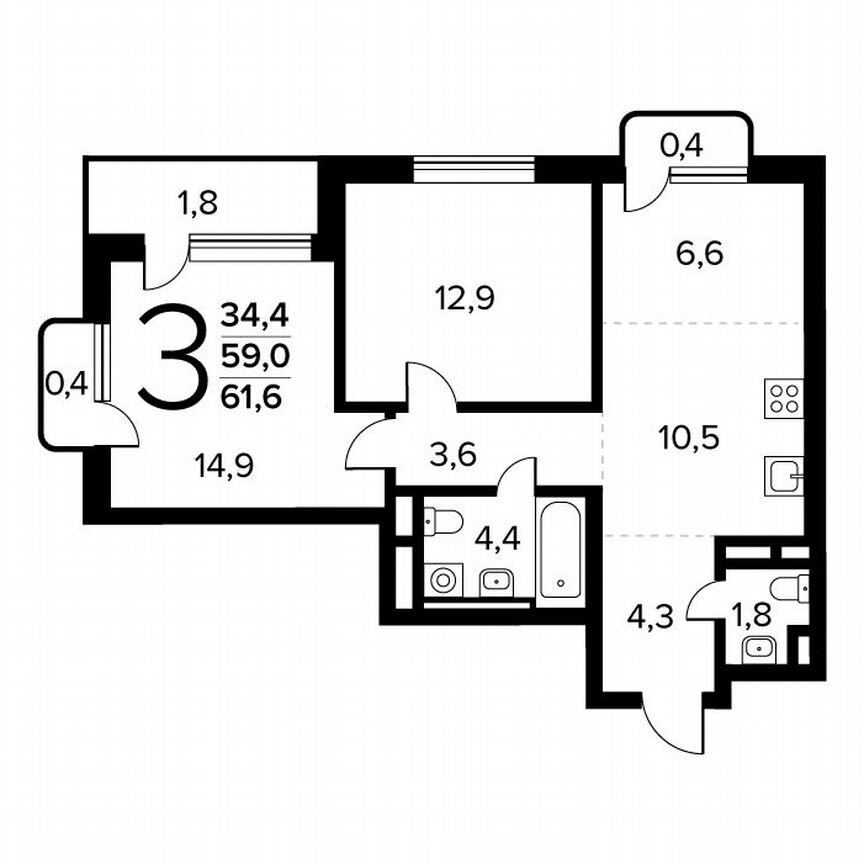 3-к. квартира, 61,6 м², 4/14 эт.