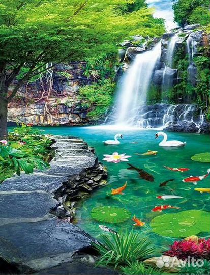 Алмазная мозаика 40x50 Лебеди и карпы кои на озере