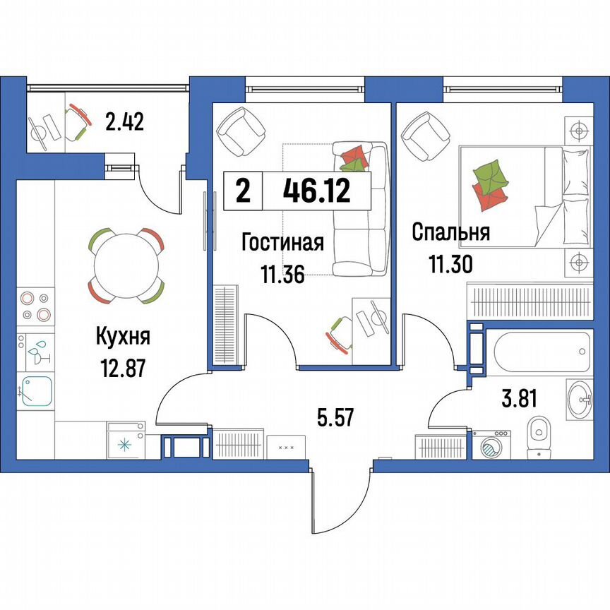 2-к. квартира, 46,1 м², 14/16 эт.