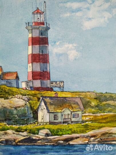 Картина акварель маяк море побережье