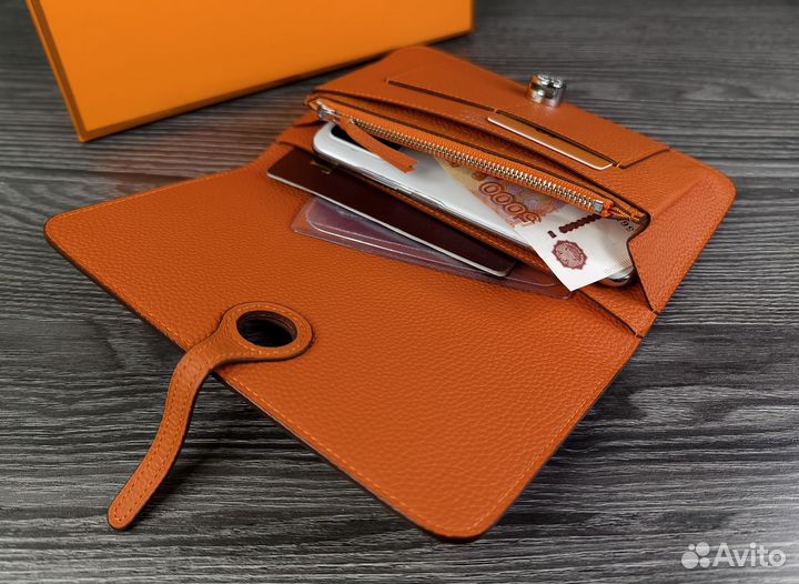 Женский кожаный клатч Hermes orange lux новый 2в1