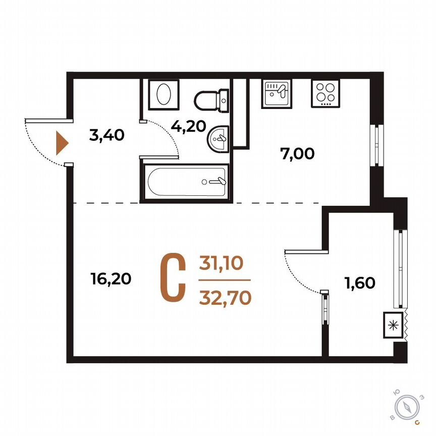 Квартира-студия, 32,7 м², 5/8 эт.