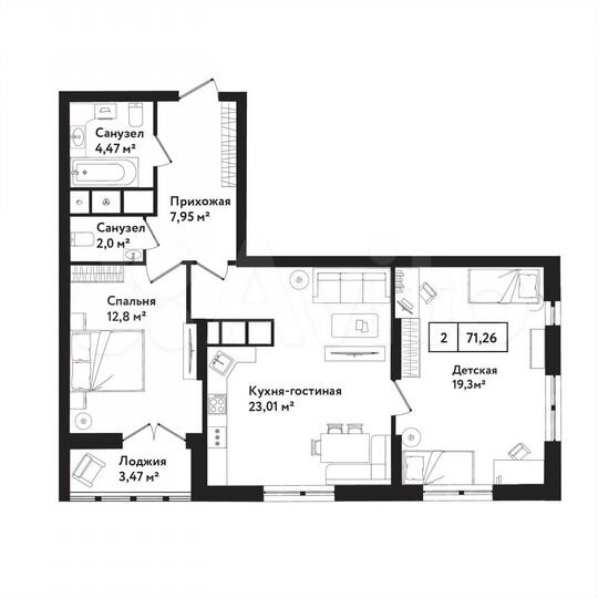 2-к. квартира, 71,3 м², 11/25 эт.