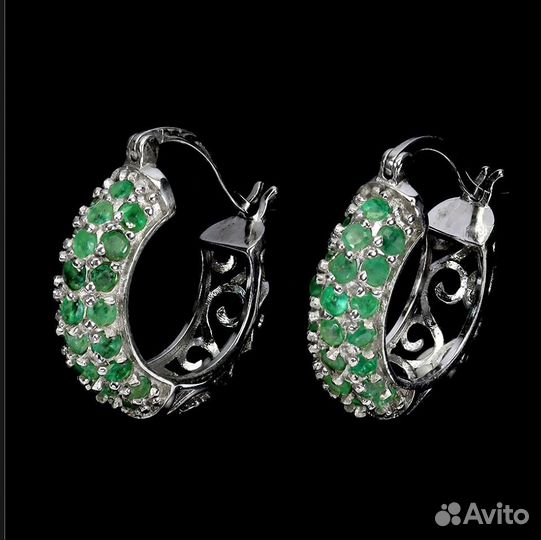 Серебряные серьги конго с изумрудами