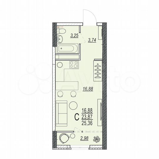 Квартира-студия, 25,4 м², 16/17 эт.