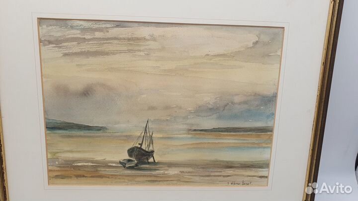 Антикварная картина акварель Морской пейзаж